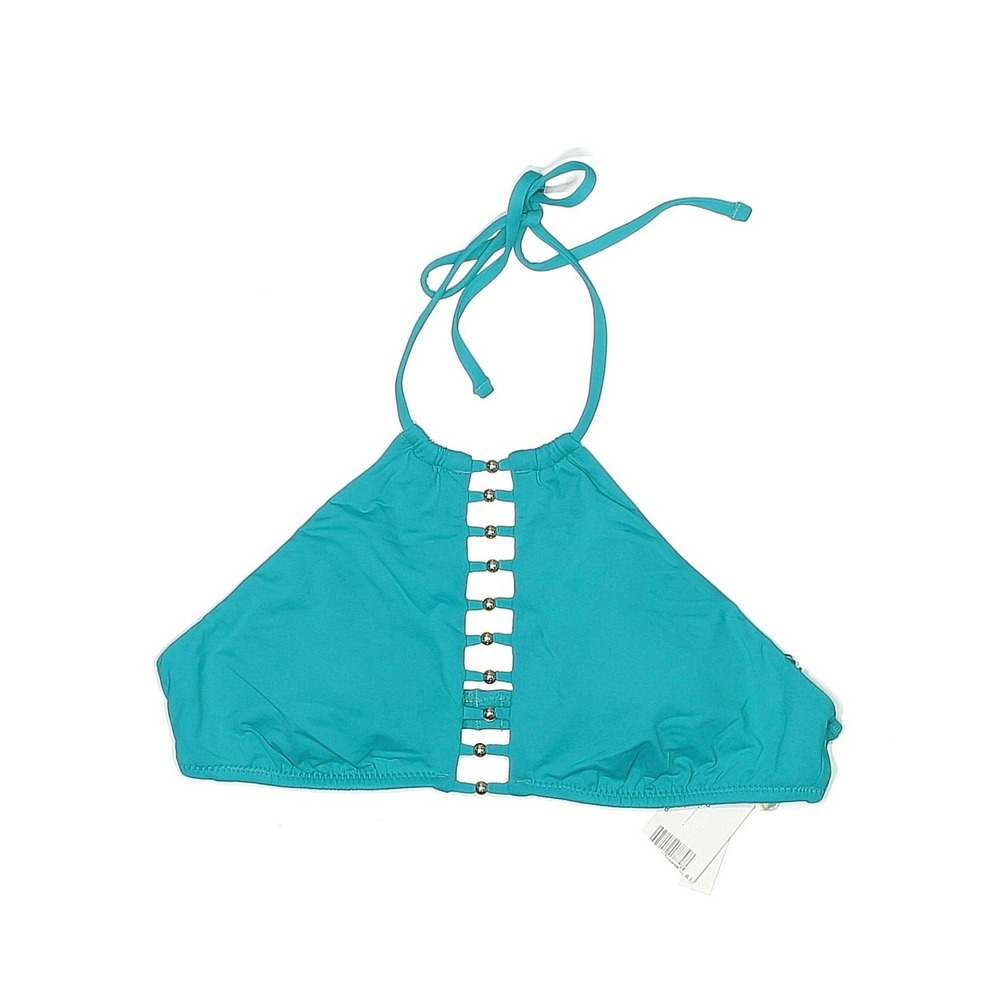 Trina Turk Bikini Top Womens 8 Turquoise New Halter Beaded High Neck TT7CL88 NWT